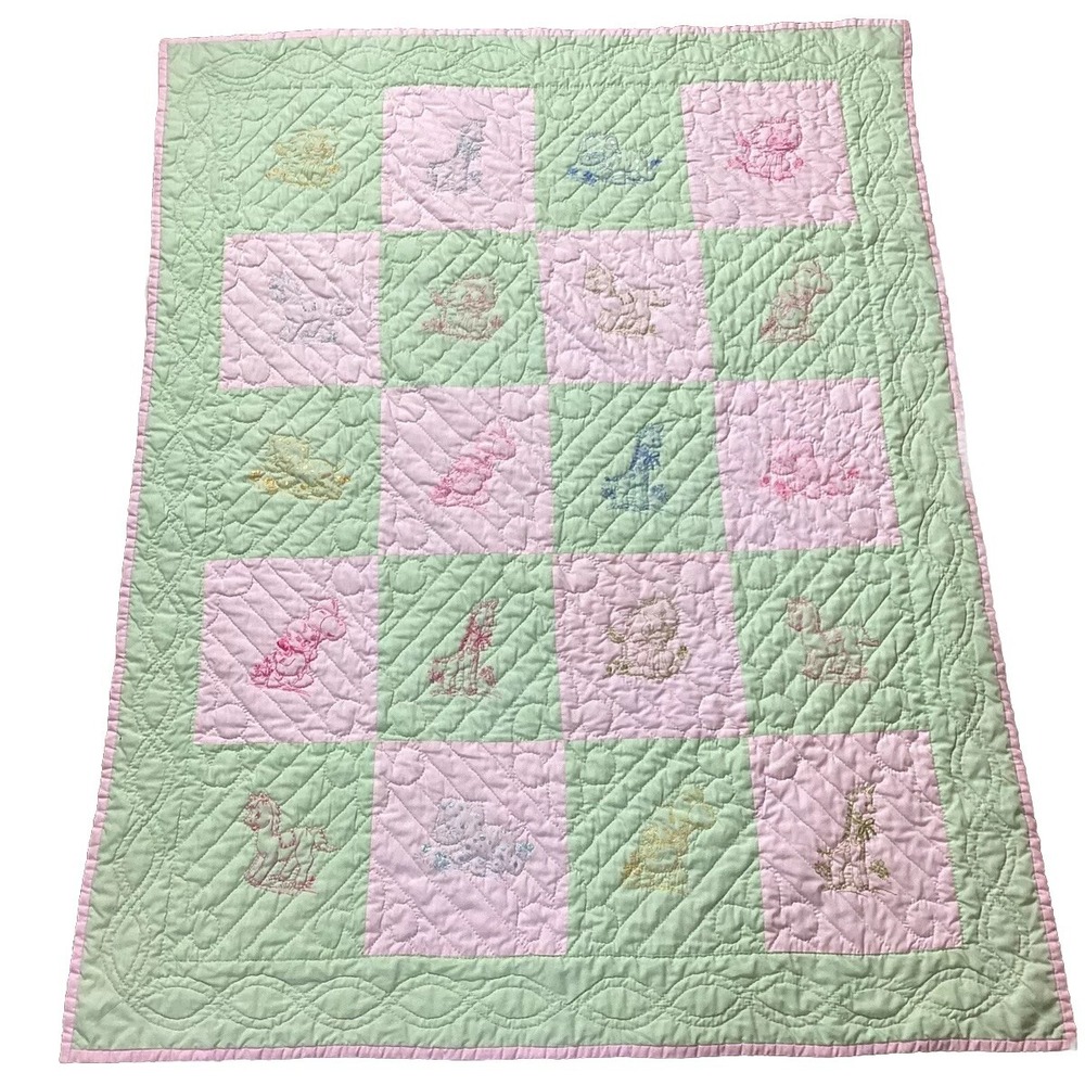 Crib Blanket Hand-Stitched Embroidered Baby Animals Pink&Green Nursery  54"x42"